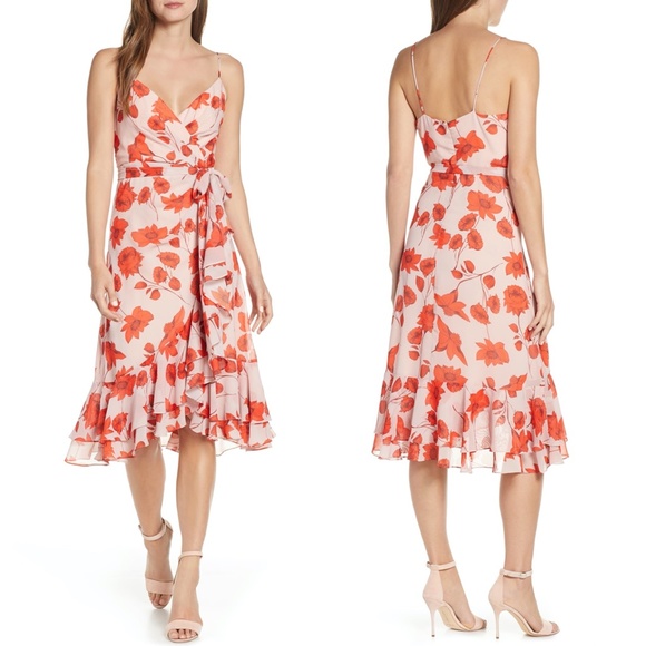 Eliza J Dresses & Skirts - Eliza J Blush Floral Print Faux Wrap Chiffon Dress